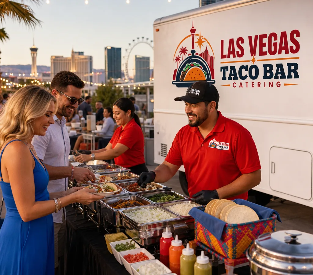 Staffed taco bar at an outdoor Las Vegas event with guests building tacos, chafing dishes, salsas, toppings, and warm tortillas