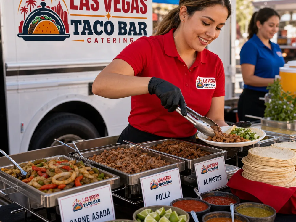 Taco catering buffet with labeled proteins, grilled vegetables, toppings, salsas, tortillas, and serving staff