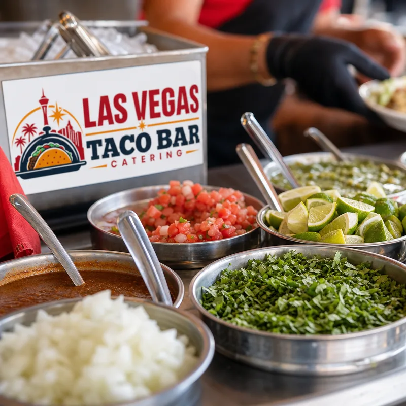 Fresh taco toppings and salsas staged in chilled bowls with serving spoons for quick refills