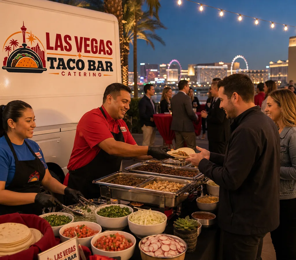 Staffed taco bar at an outdoor Las Vegas evening event with hot proteins, fresh toppings, tortillas, and guests being served