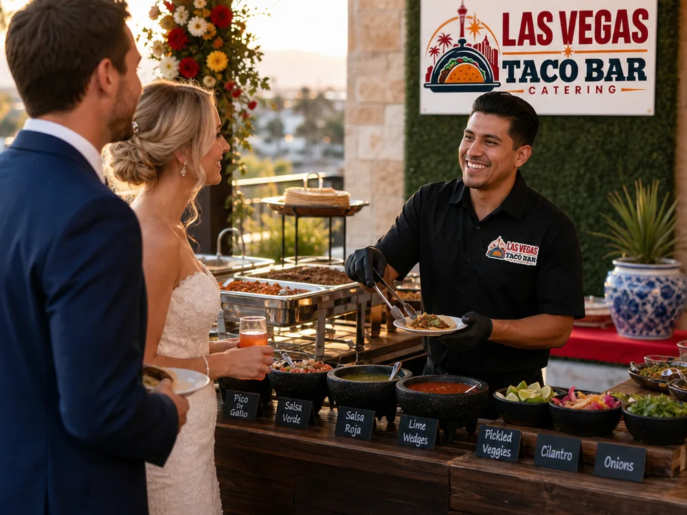 Elegant wedding cocktail-hour taquiza station with upscale serving ware and organized garnishes