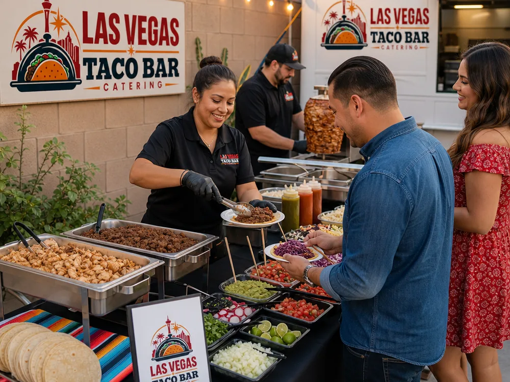 Backyard taquiza station with two proteins, tortillas, and a colorful topping spread