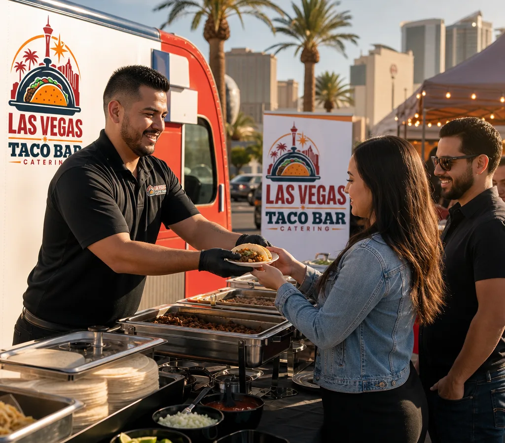 Clean outdoor Las Vegas taco bar with steam tables, warming tortillas, and a server plating tacos for guests