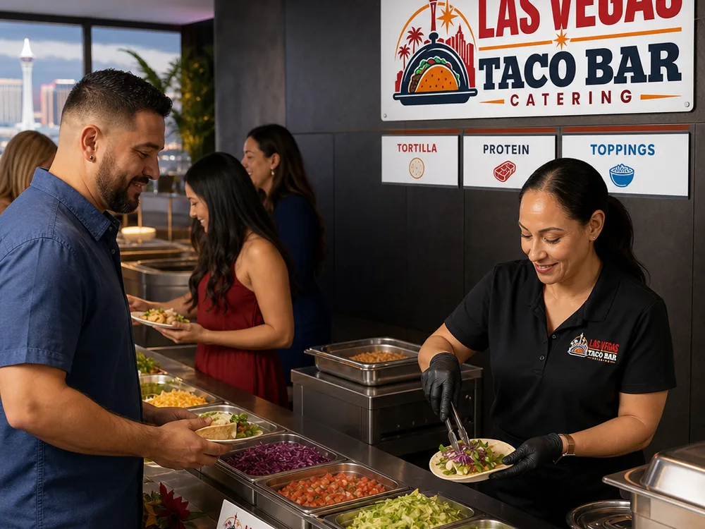 Indoor Las Vegas taco bar line with labeled tortillas, proteins, toppings, moving guests, and staff replenishing ingredients