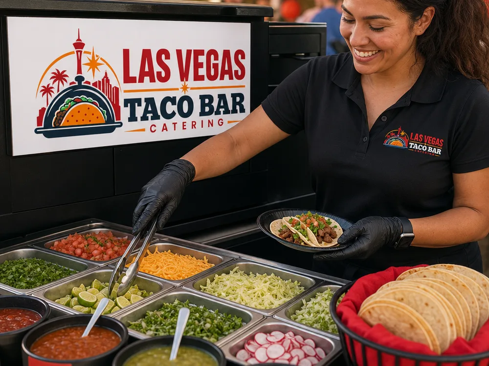 Finished taco bar with chilled topping pans, labeled salsas, and tortillas ready for service