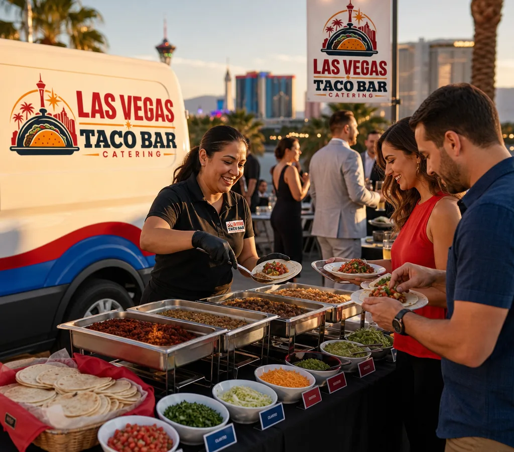 Staffed taco bar at an outdoor Las Vegas event with warm tortillas, labeled toppings, and guests building tacos