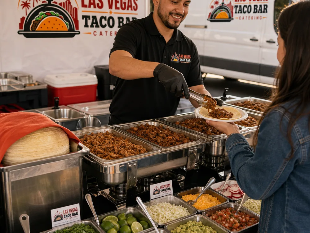 Taco bar line with hot protein chafers, warm tortillas, and labeled chilled toppings
