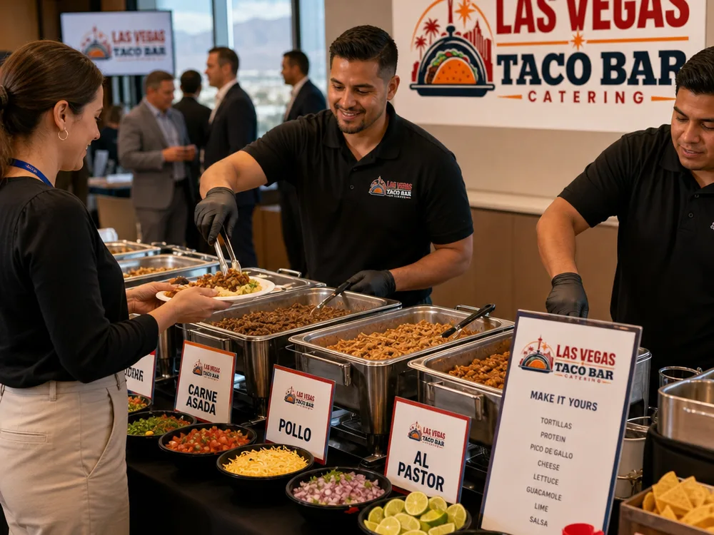 Corporate taco bar in a conference room with clear signage and staff serving proteins