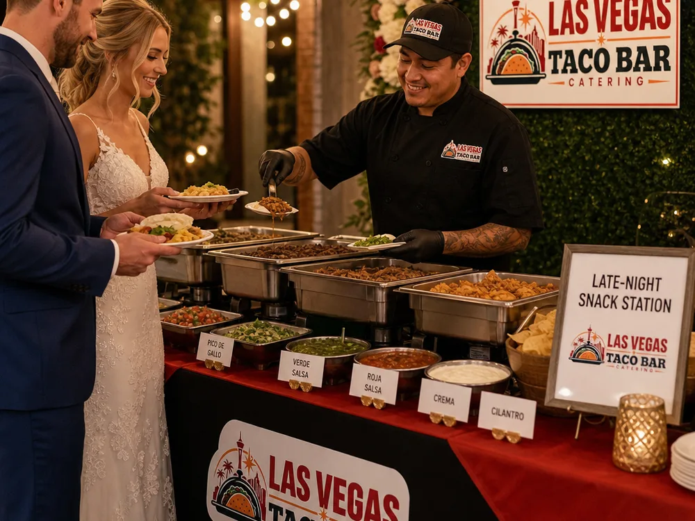 Wedding taco bar with matching linens, labeled salsas, and a late-night snack station sign