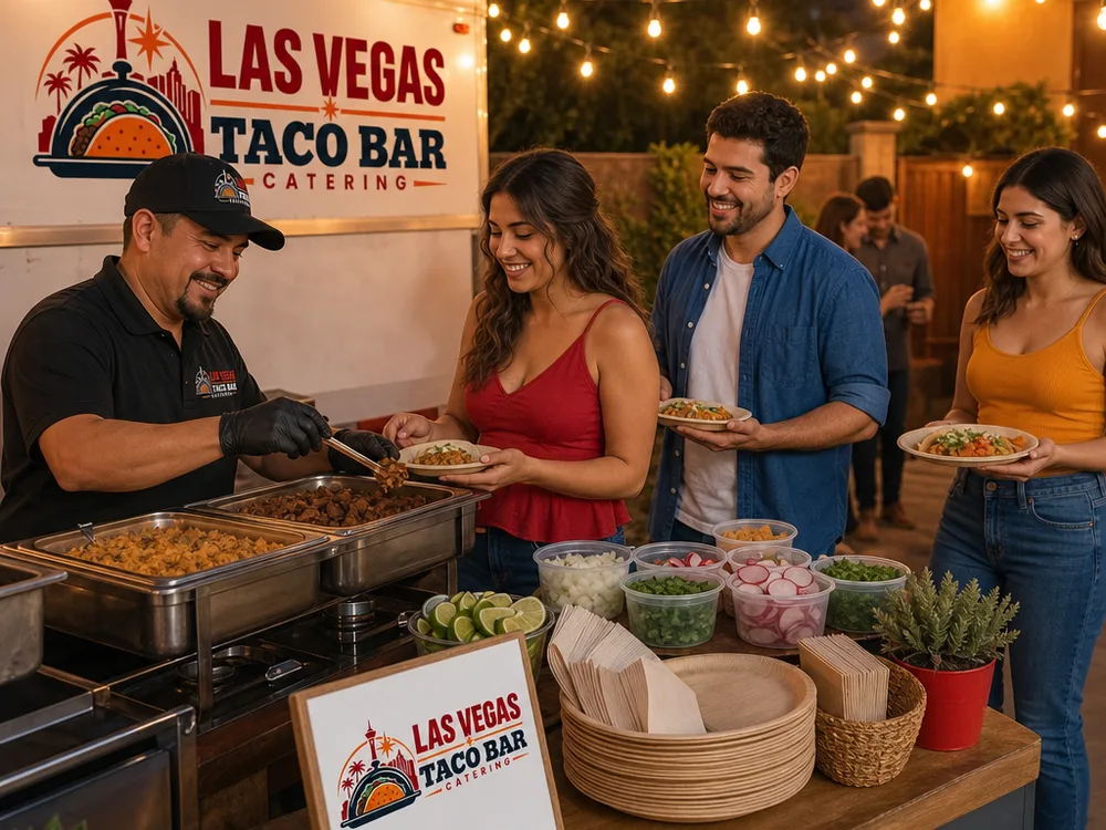 Backyard taco bar beneath string lights with a compact serving line and eco-style plates