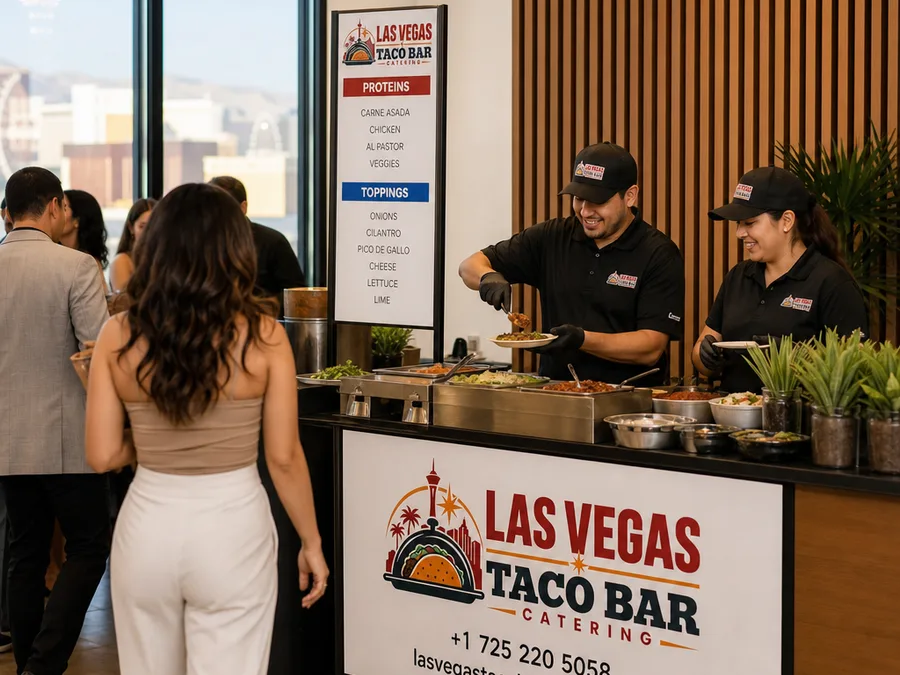 Staff serving tacos at a Las Vegas backyard evening event with string lights and guests near the serving line