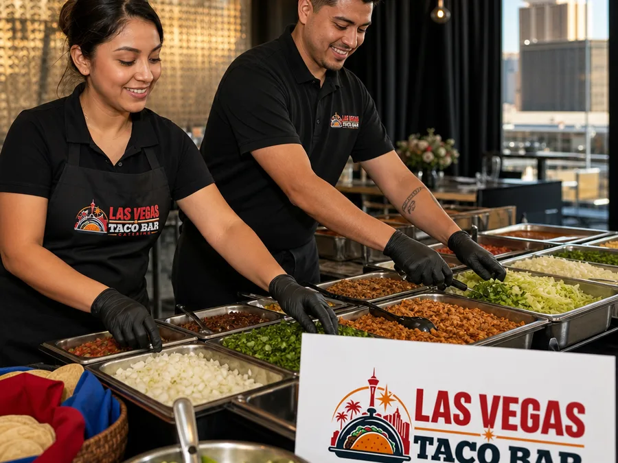 Two catering staff members setting up an organized taco bar at a Las Vegas venue
